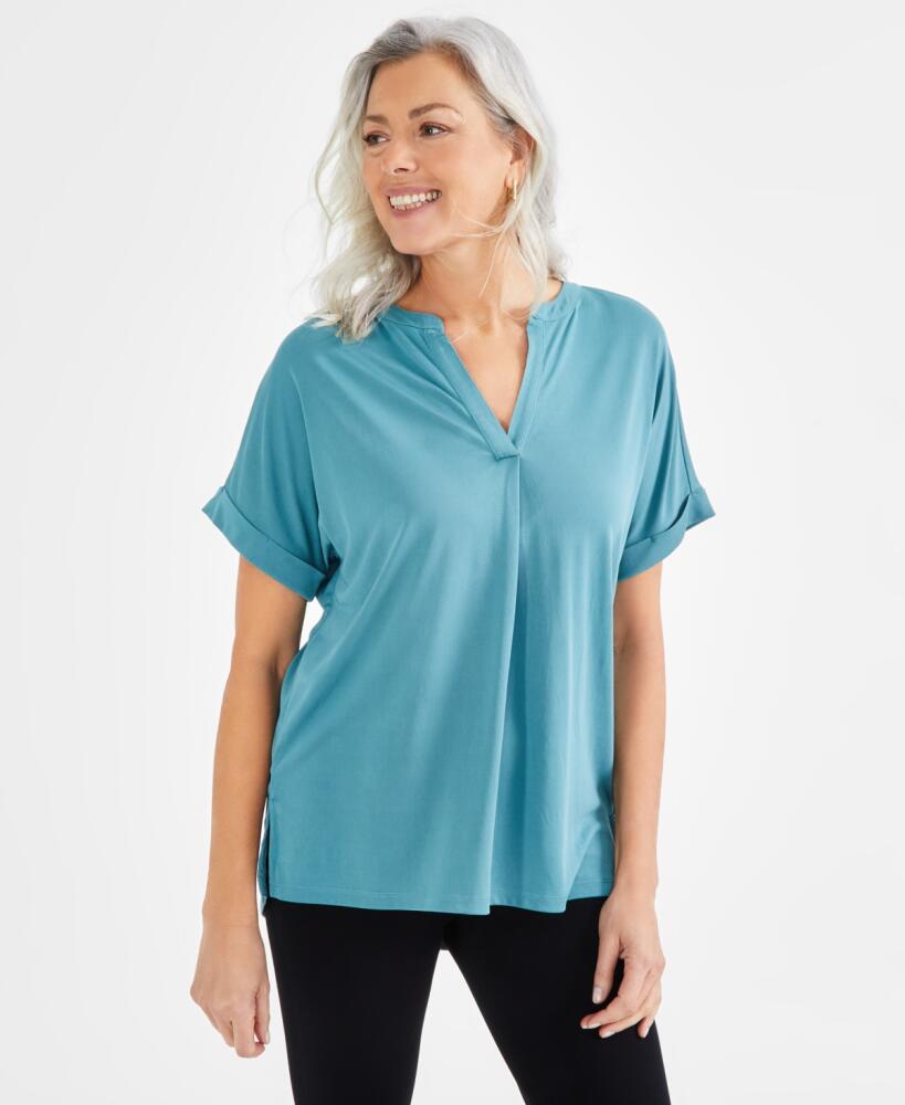 Style & Co Women's Split-Neck Short Sleeve Knit Shirt, Created for Macy's - Desert Teal Cover