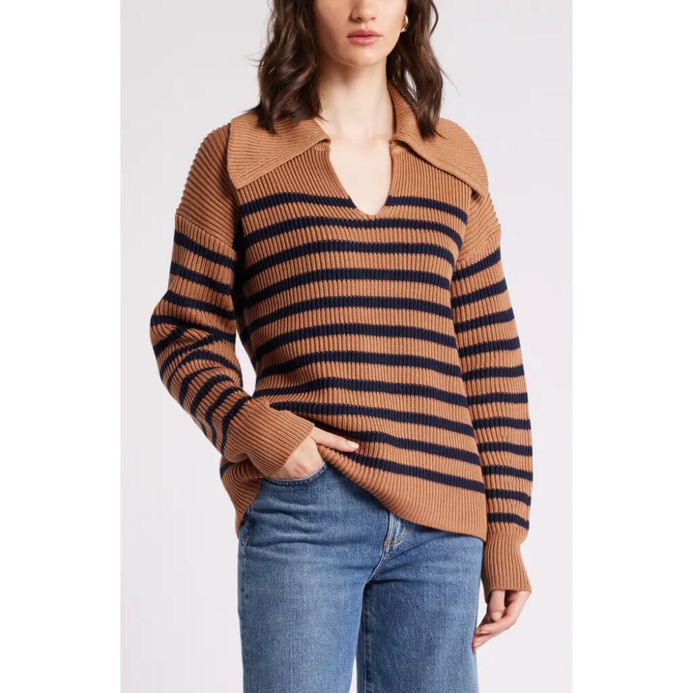 Nordstrom Stripe Long Sleeve Cotton Sweater in Tan- Navy Stripe Cover