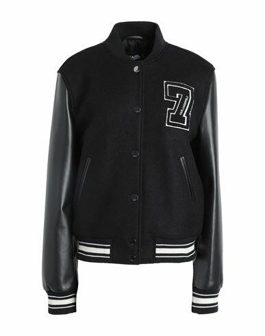 Karl Lagerfeld Wool & Leather Varsity Bomber Woman Jacket Black Wool, Lambskin Cover