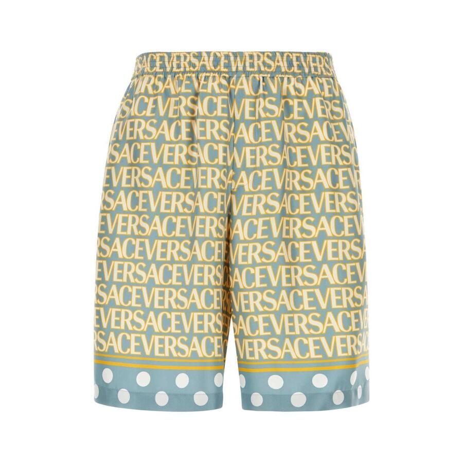 Versace Mens Light Blue/Ivory All-Over Logo Print Shorts Cover