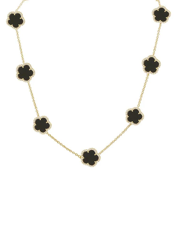 JanKuo Women's Flower 14K Yellow Goldplated, Onyx & Cubic Zirconia Station Necklace Cover