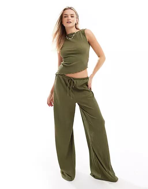 ASOS DESIGN textured wide leg pants in khaki - part of a set-Green Cover