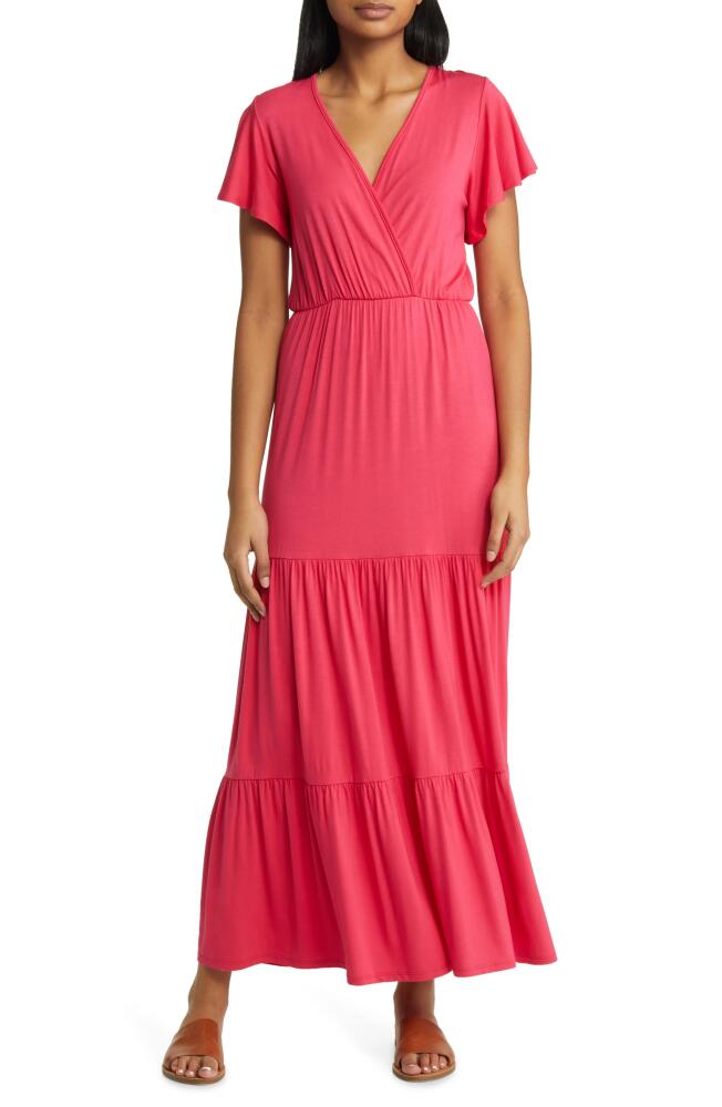 Loveappella Tiered Faux Wrap Knit Maxi Dress in Pink Polish Cover