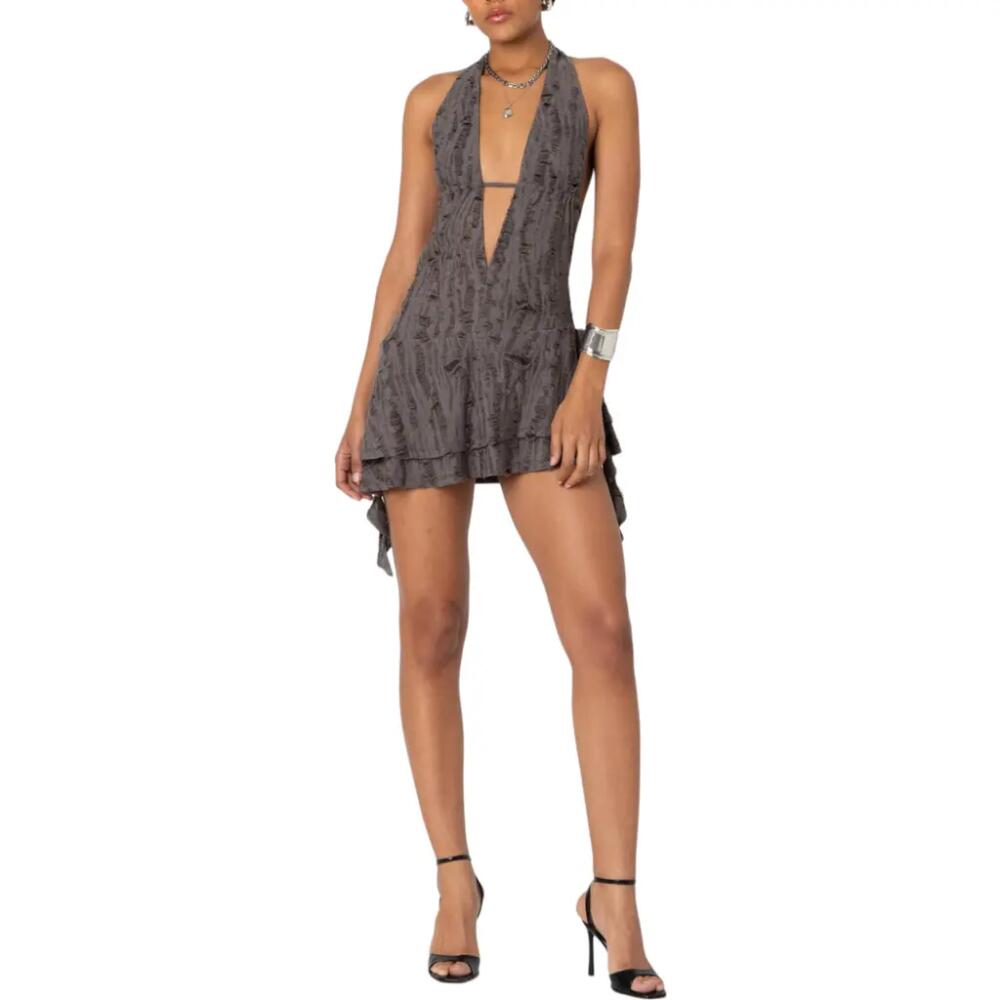 EDIKTED Shredded Halter Stretch Minidress in Brown Cover