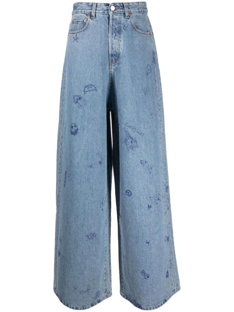 VETEMENTS illustration-style print wide-leg jeans - Blue Cover