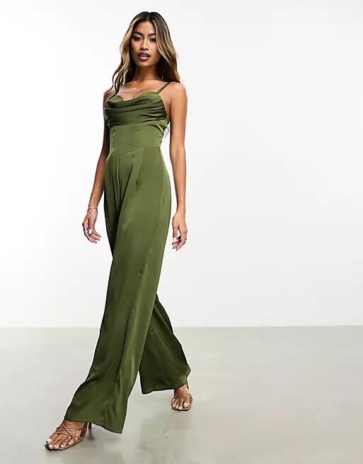 Jaded Rose satin corset jumpsuit in olive-Green Cover