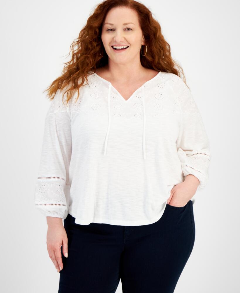 Style & Co Plus Size Embroidered Eyelet-Trim Top, Created for Macy's - Bright White Cover