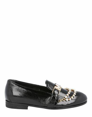 Moschino Rhinestone-embellished Patent Leather Loafers Woman Loafers Black Calfskin Cover