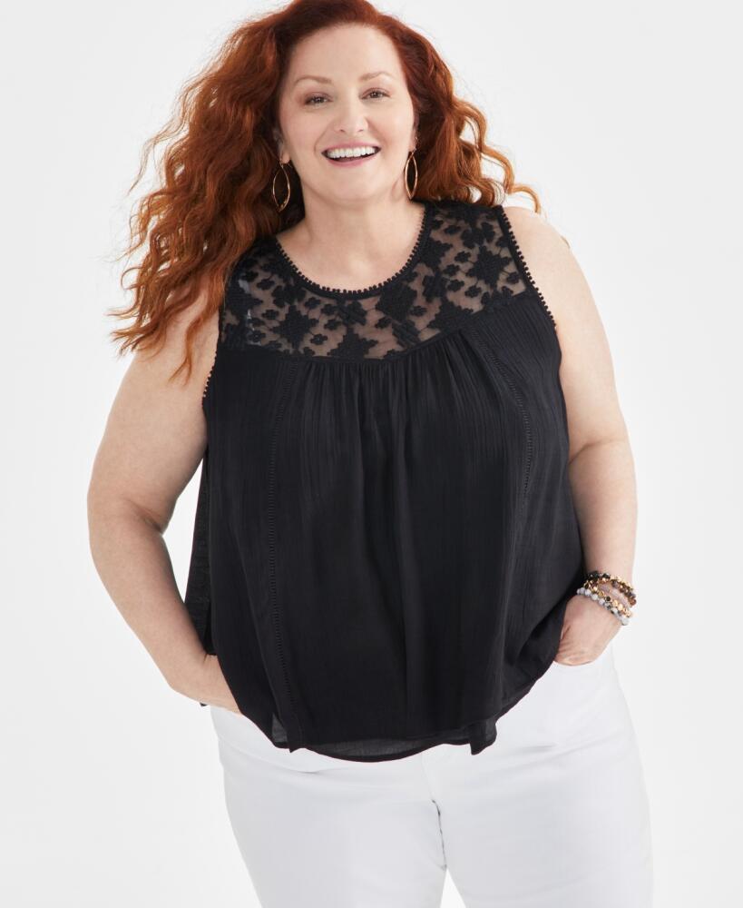 Style & Co Plus Size Sleeveless Embroidered Mesh Tank Top, Created for Macy's - Deep Black Cover