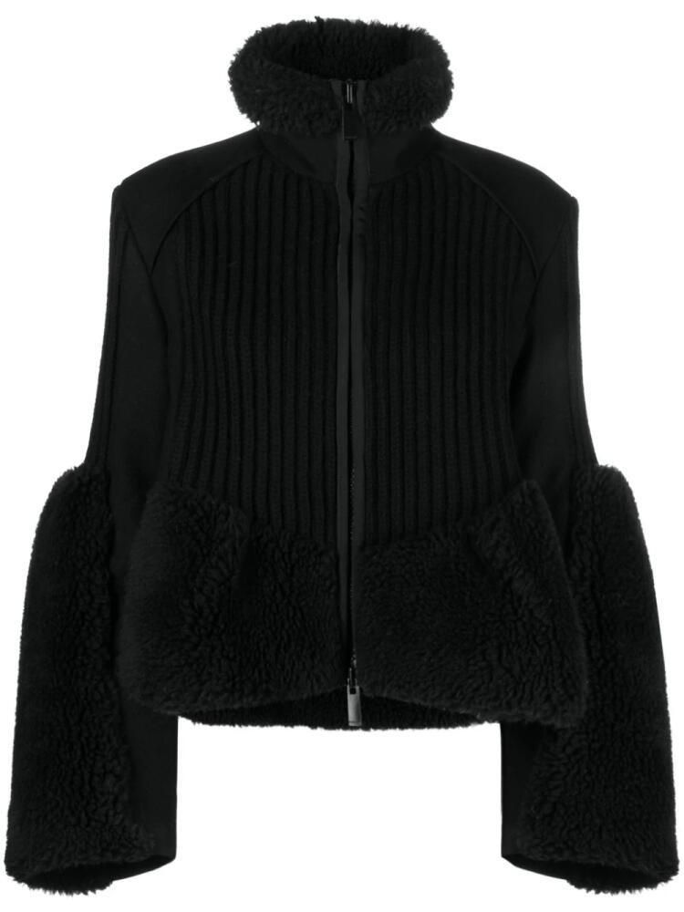 sacai faux-fur trim zipped cardigan - Black Cover