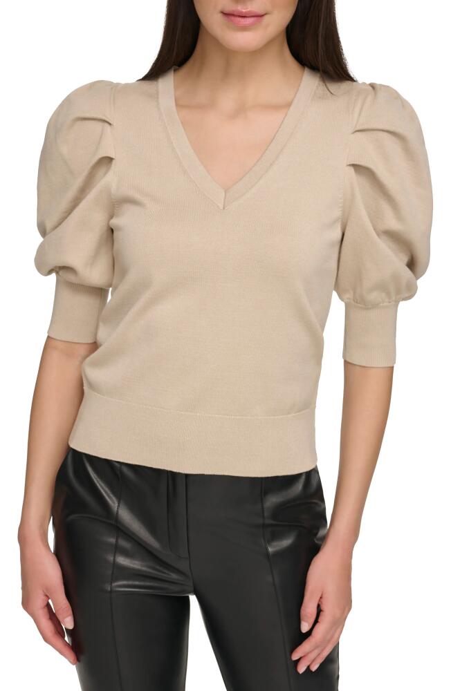 DKNY Puff Sleeve V-Neck Sweater in Pebble Cover