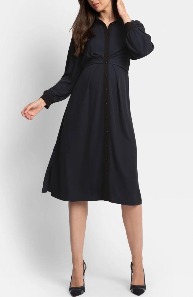 Seraphine Pleated Waist Long Sleeve Maternity/Nursing Shirtdress in Navy Cover