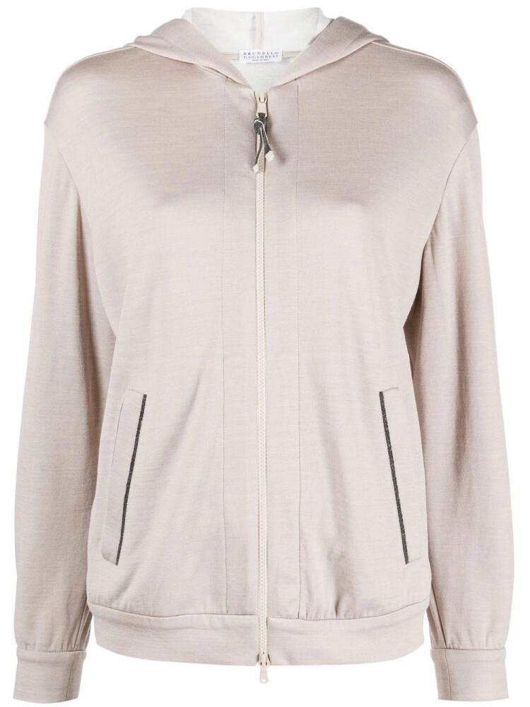 Brunello Cucinelli jersey-knit drawstring zipped hoodie - Neutrals Cover