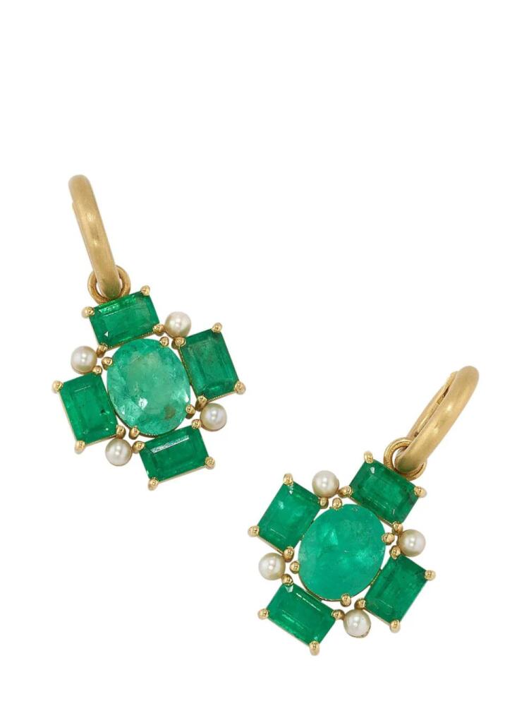 Irene Neuwirth 18kt yellow gold Gemmy Gem Mosaic emerald and Akoya pearl huggie earrings Cover