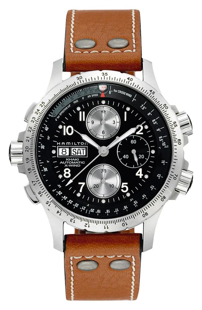 Hamilton Khaki Aviation X-Wind Automatic Chronograph Leather Strap Watch, 44mm in Brown/Black/Silver Cover