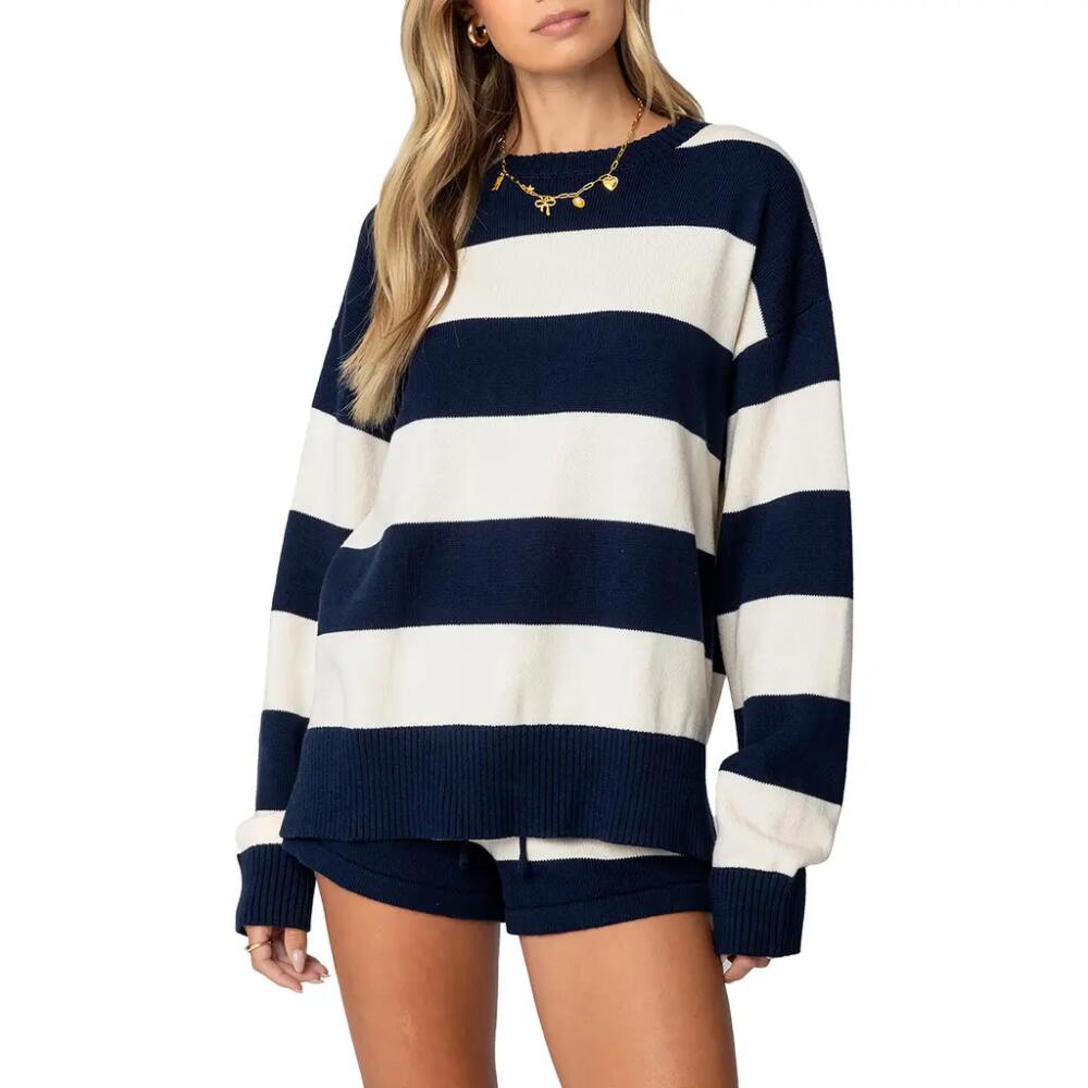 EDIKTED Riley Oversize Stripe Cotton Sweater in Navy-And-Cream Cover