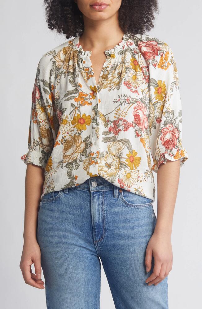 Bobeau Print Ruffle Blouse in White/Marsala Bouquet Cover