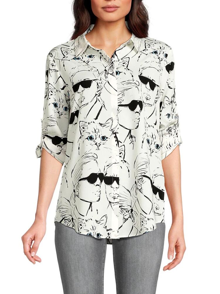 Karl Lagerfeld Paris Women's Print Roll Tab Cuff Shirt - White Black Cover