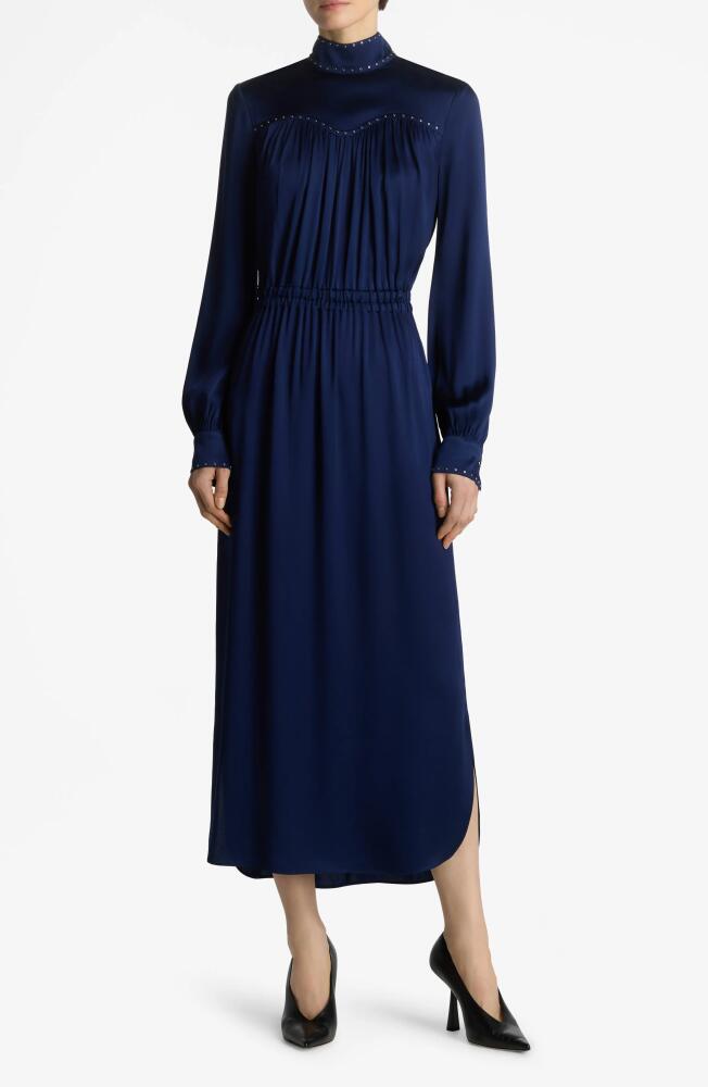 St. John Collection Mock Neck Long Sleeve Satin Midi Dress in Royal Blue Cover