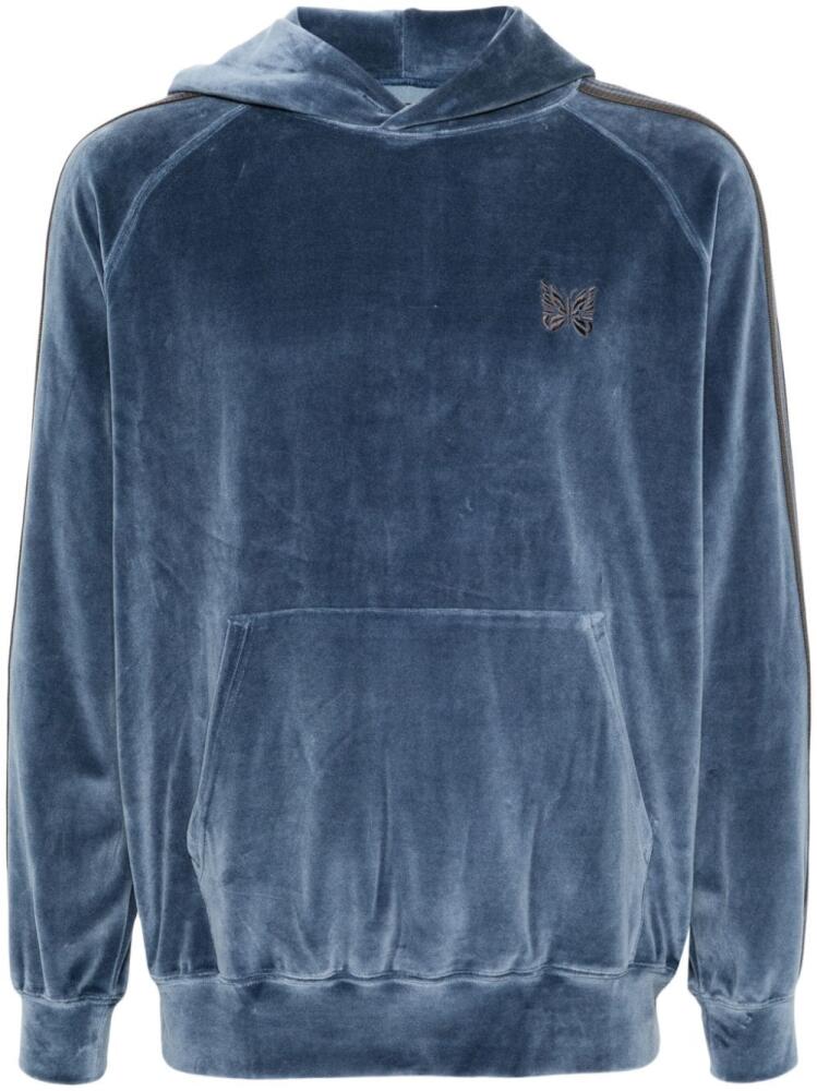 Needles logo-embroidered velvet-effect hoodie - Blue Cover