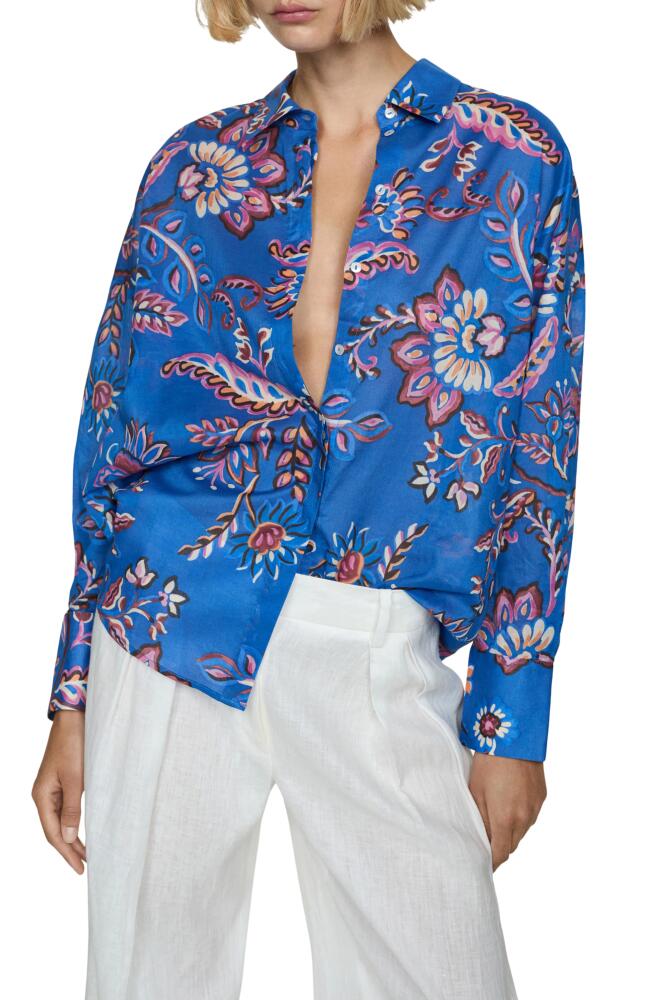 MANGO Floral Button-Up Shirt in Blue Cover