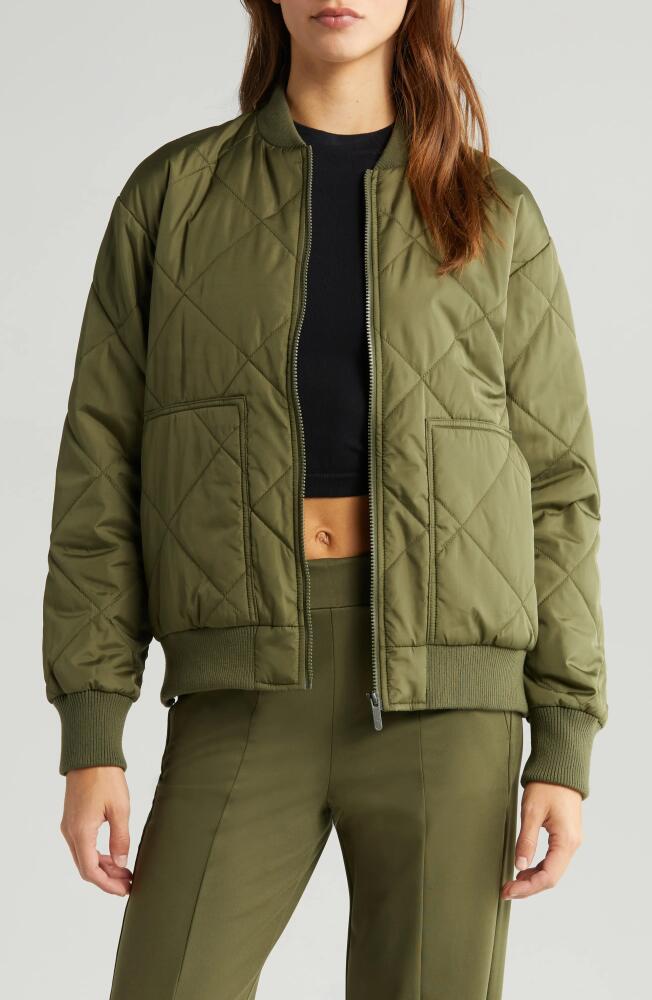 zella Quilted Side Zip Bomber Jacket in Olive Night Cover