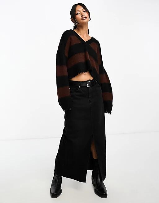 AllSaints Lou crop v neck knitted sweater in black and brown stripe Cover