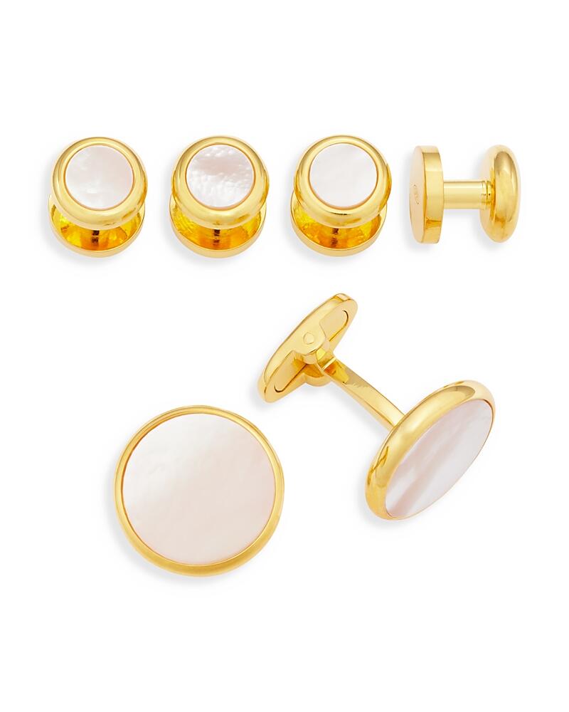 Link Up Gold-Tone Round White Mother-of-Pearl Stud & Cufflink Set Cover