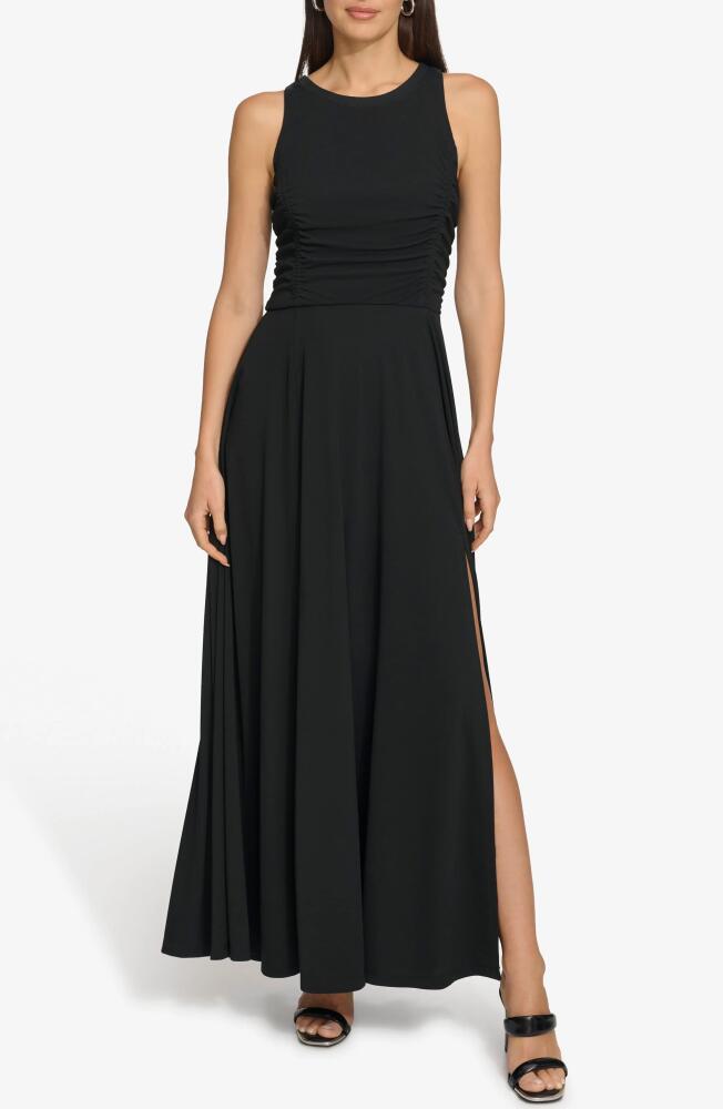 DKNY Ruched Mesh Trim Sleeveless Maxi Dress in Black Cover