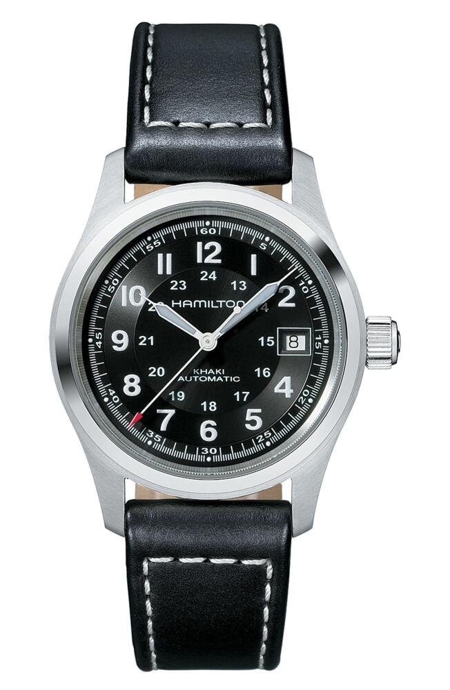 Hamilton Khaki Field Automatic Leather Strap Watch, 38mm in Black/Silver Cover