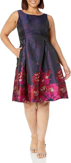 Adrianna Papell Border Jacquard Dress (Navy/Pink Multi) Women's Dress Cover