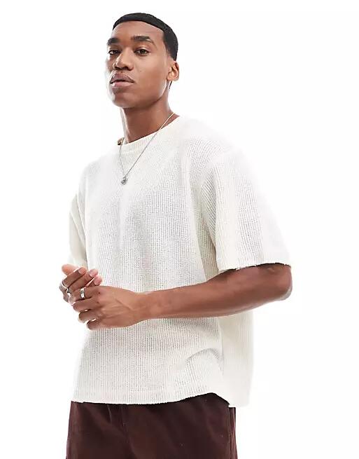 Pull & Bear ribbed knitted t-shirt in ecru-Neutral Cover