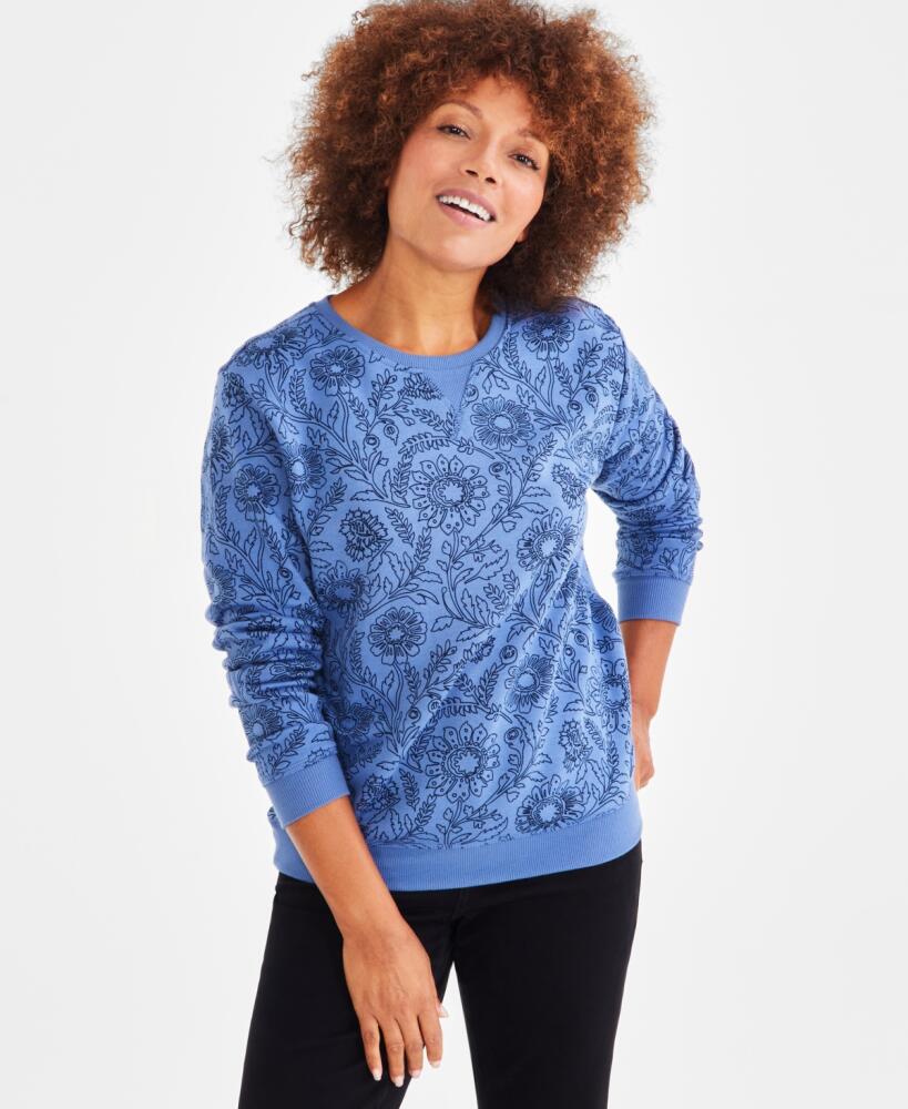 Style & Co Women's Printed Fleece Crewneck Sweatshirt, Created for Macy's - Bloom Blue Cover