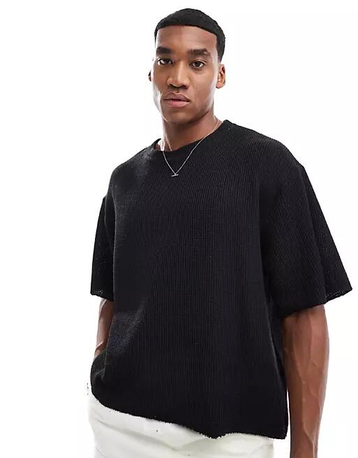 Pull & Bear ribbed knit T-shirt in black Cover