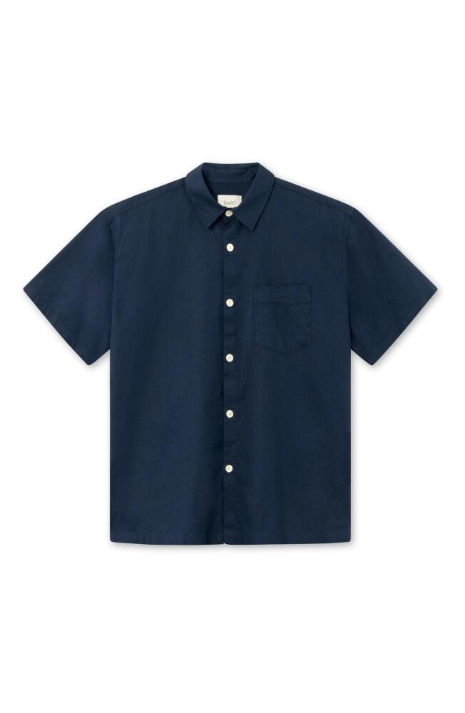 FORET Serene Cotton & Linen Short Sleeve Button-Up Shirt in Navy Cover