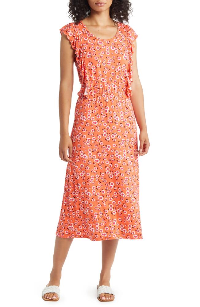 Loveappella Floral Print Flutter Sleeve Dress in Coral Cover