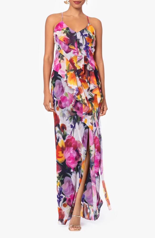 Betsy & Adam Floral Print Ruffle Maxi Dress in Multi Pink Floral Cover