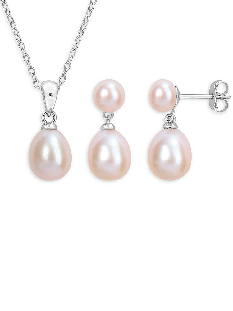 Sonatina Women's 2-Piece Sterling Silver & 5.5-8.5MM Pink Freshwater Pearl Earrings & Necklace Set Cover