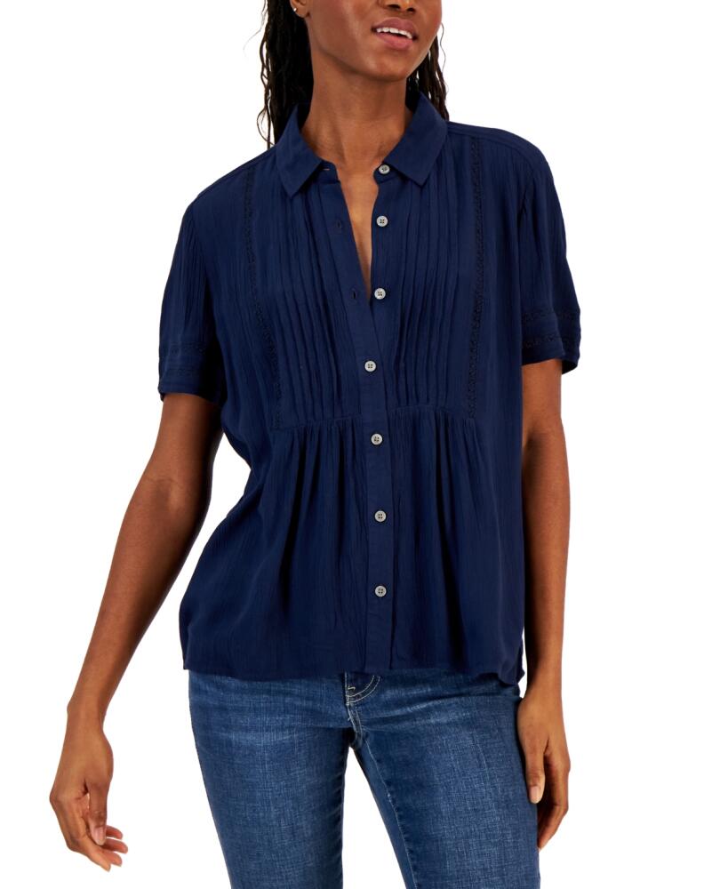 Style & Co Petite Pintuck Short-Sleeve Button-Front Shirt, Created for Macy's - Industrial Blue Cover