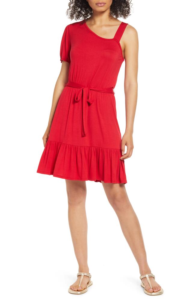 Loveappella One-Shoulder Ruffle Hem Knit Dress in Red Cover