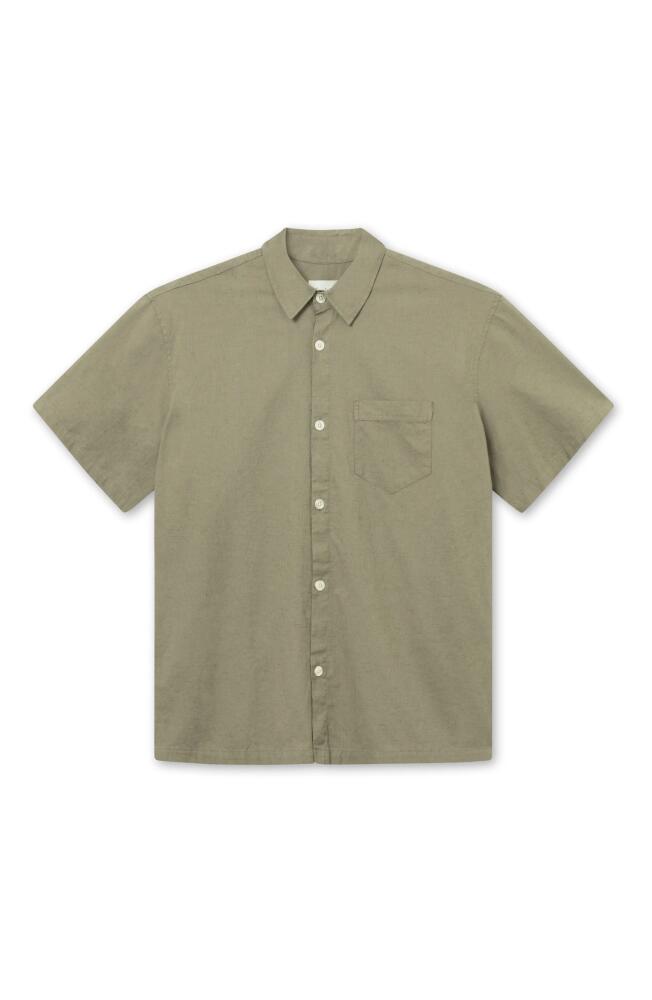 FORET Serene Cotton & Linen Short Sleeve Button-Up Shirt in Dusty Olive Cover