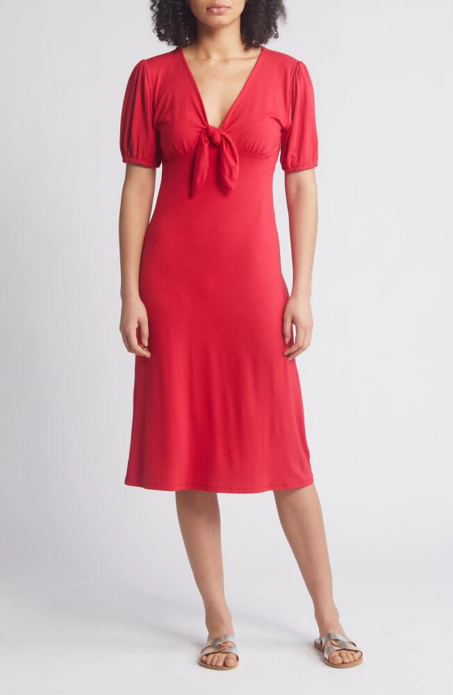 Loveappella Short Sleeve Tie Front Midi Dress in Red Cover