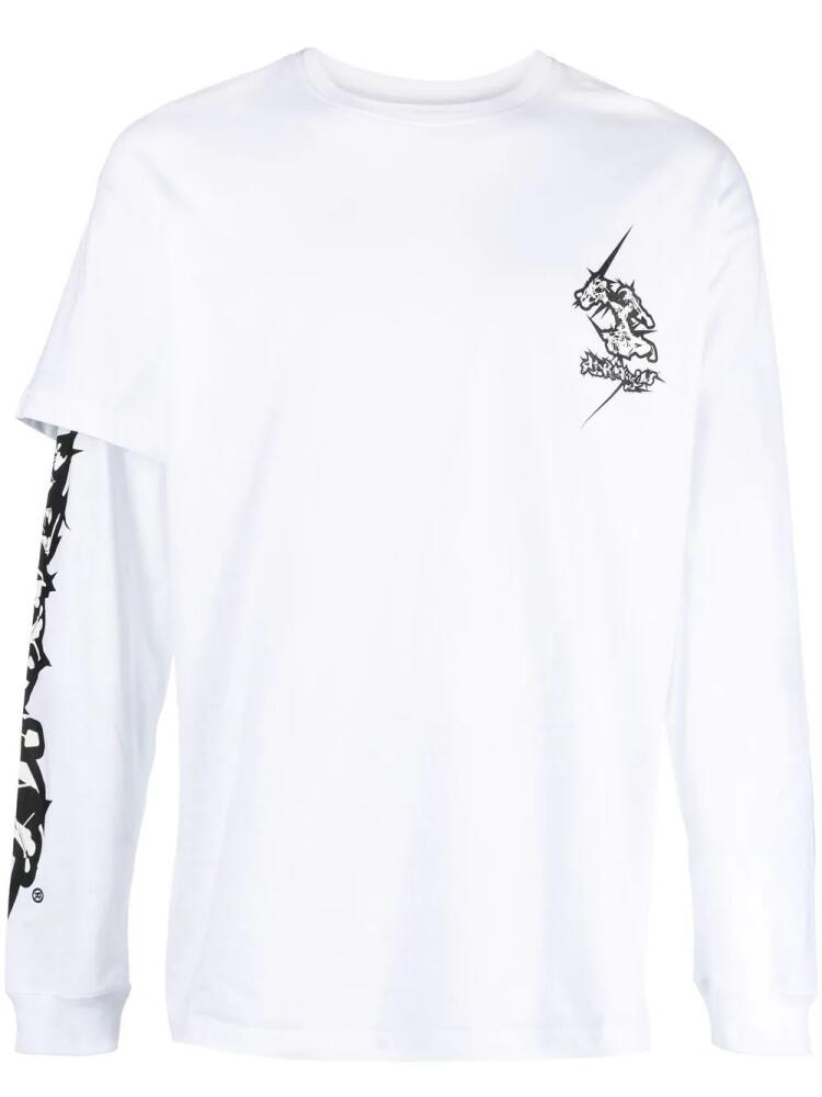 ACRONYM logo-print asymmetric-sleeve T-shirt - White Cover