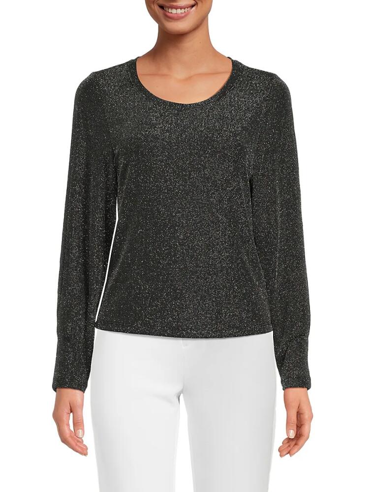 DKNY Women's Long Sleeve Metallic Top - Silver Black Cover