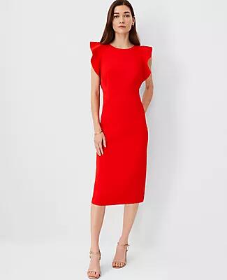 Ann Taylor Ruffle Shoulder Sheath Midi Dress Cover