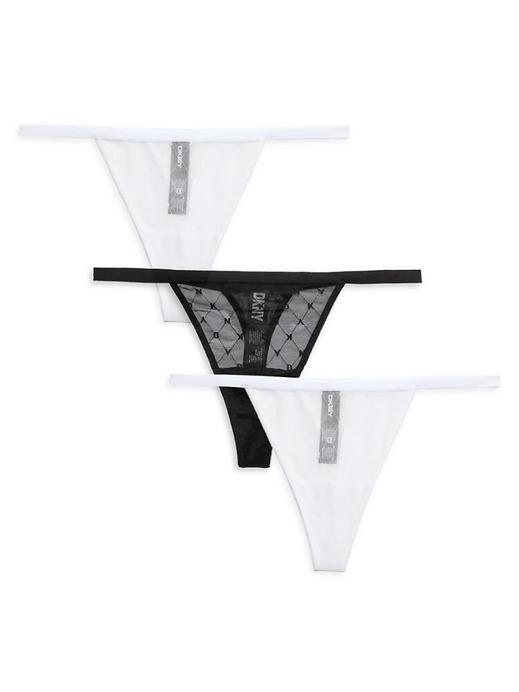 DKNY Women's 3-Pack Logo Mesh Thongs - White Black Cover