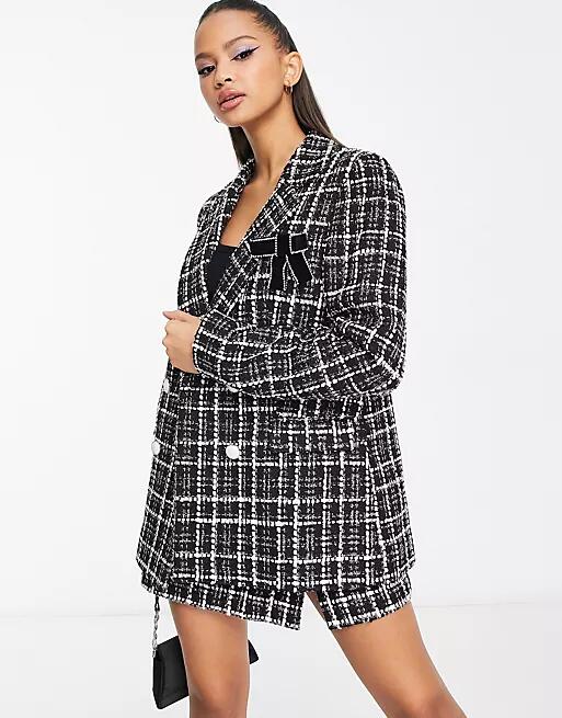 Miss Selfridge double breasted military blazer in metallic plaid - part of a set-Black Cover