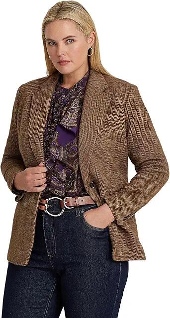 LAUREN Ralph Lauren Plus-Size Wool-Blend Herringbone Blazer (Brown Tan) Women's Clothing Cover