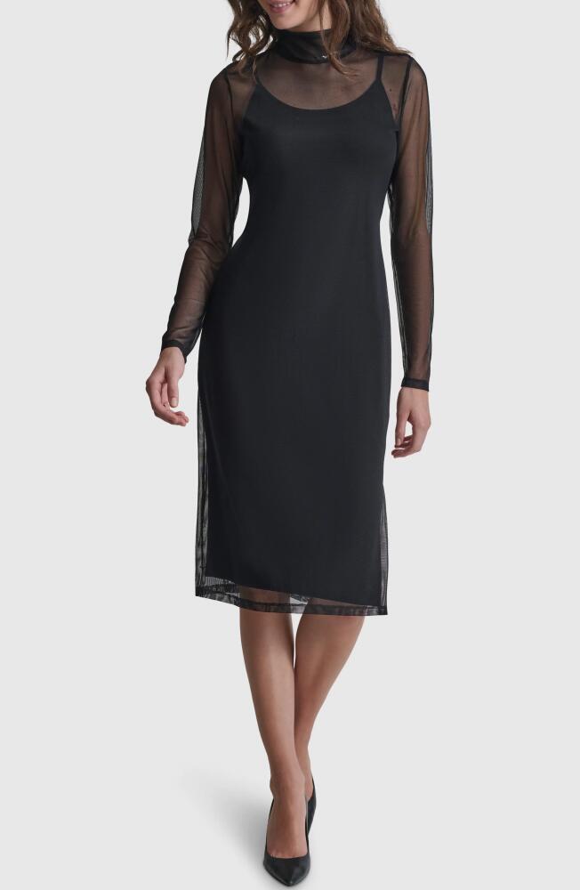 DKNY Mock Neck Long Sleeve Mesh Dress in Black Cover