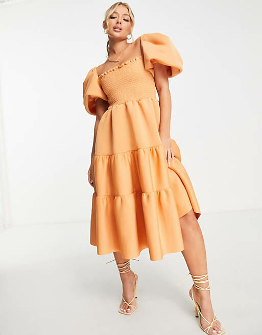 ASOS DESIGN shirred puff sleeve tiered prom midi dress in apricot-Orange Cover